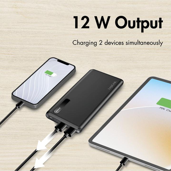 Immagine prodotto LogiLink Powerbank PA0311 nero, 8000 mAh, 2x USB-A, cavo 2-in-1 (8000 mAh, 12 W)