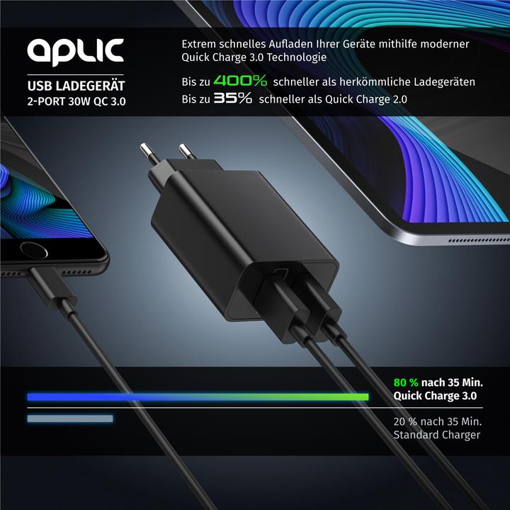 Immagine prodotto Aplic Caricatore USB 3000 mA, 2 porte, 30W, funzione di ricarica rapida Quick Charge 3.0 (QC 3.0), nero (30 W)