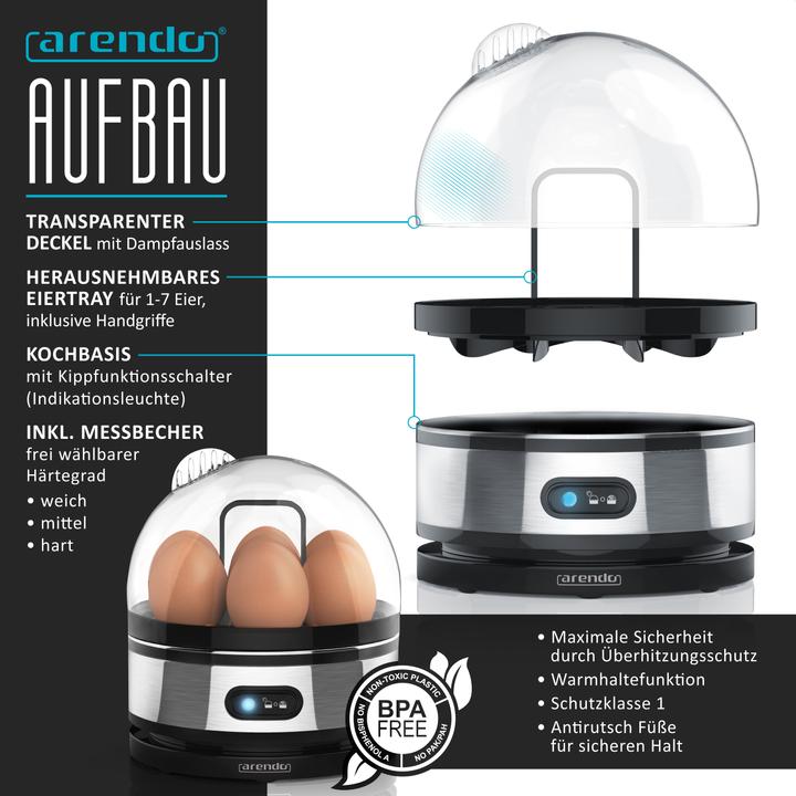 Produktbild Arendo Frühstücks Set, 4 Scheiben Langschlitz Toaster mit Brötchenaufsatz & Eierkocher für 7 Eier, Silber