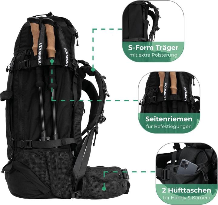 Produktbild Steinwood Trekkingrucksack 70L, Wanderrucksack, wasserabweisend mit Regenhülle (70 l)