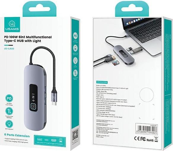 Actual product image Usams US-SJ642 PD100W 6in1 Multifunctional Type-C HUB with Light(Type-C To HDMI+USB3.0*2+TF+SD+PD100W ) (6 Ports)