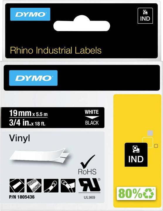 Dymo Rhino 19mm weiß auf schwarz Vinyl (1.90 cm, Schwarz)