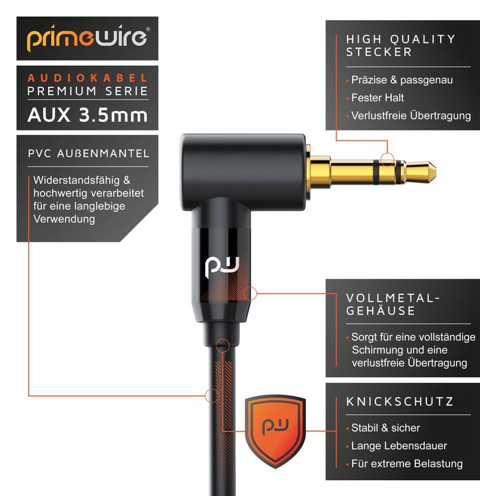 Produktbild Primewire AUX zu 3,5mm Klinke Audio Kabel 90° gewinkelt, HiFi Klinkenkabel Verbindungskabel für Audiogeräte (5 m, 3.5mm Klinke (AUX))