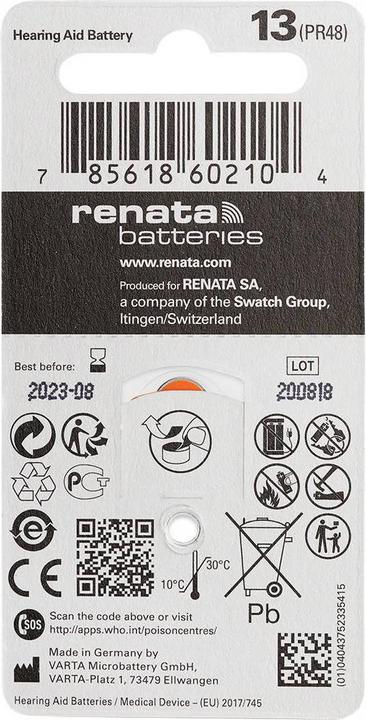 Actual product image Renata Hörgeräte-Batterien ZA13.DP6 0%HG (6 pcs., ZA13 GP, 305 mAh)