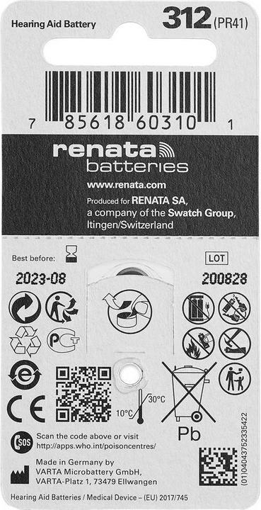 Actual product image Renata Hörgeräte-Batterien ZA312.DP6 0%HG (6 pcs., A312, 165 mAh)