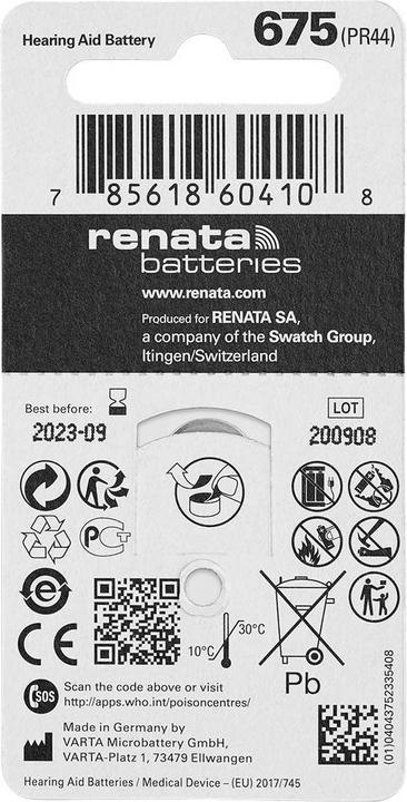 Actual product image Renata Hearing Aid PR44 button cell ZA 675 zinc-air 660 mAh 1.4 V 6 pcs - battery - 65 (6 pcs., 675, 660 mAh)