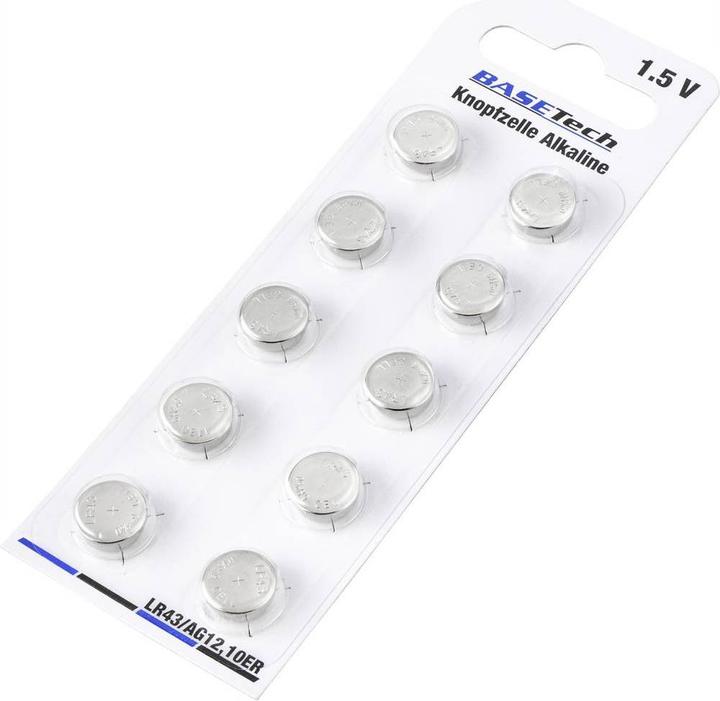Basetech Knopfzelle (10 Stk., LR43, 100 mAh)