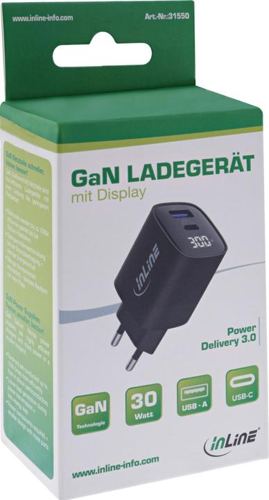 Produktbild InLine USB PD Netzteil, GaN Ladegerät, 2-Port, USB-C + USB-A, 30W, mit Display, schwarz (30 W)