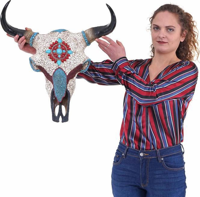 Immagine prodotto Swisshandel24 Cranio di mucca Deco HWC-D31, Trofeo con testa di toro e testa di mucca con mosaico, poliresina