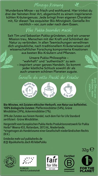 Nährwerte und Zutaten Pukka Drei Minze (32 g)