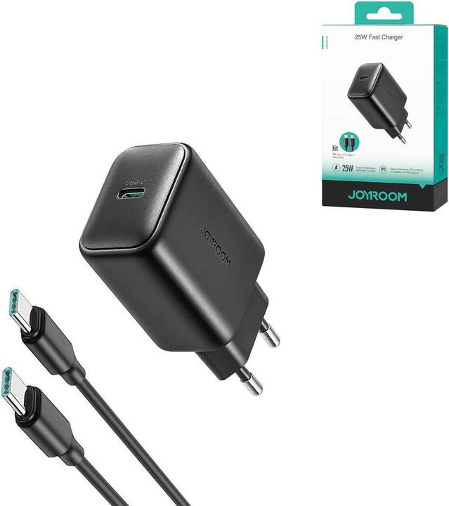 Actual product image Joyroom 25W Single USB-C Charger with 60W C to C Cable, 1m - Black (25 W)