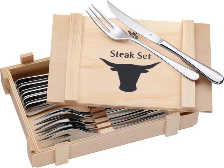 WMF Steakbesteck Set Steakmesser 6 Personen 12tlg Spezialklingenstahl Eichenholz Holzkiste (12 Stück, Besteck Set)