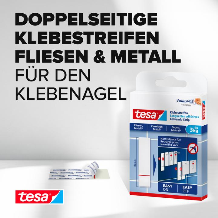 Produktbild tesa Powerstrips für Fliesen & Metall, 3kg Halteleistung, 6x doppelseitige Klebestreifen