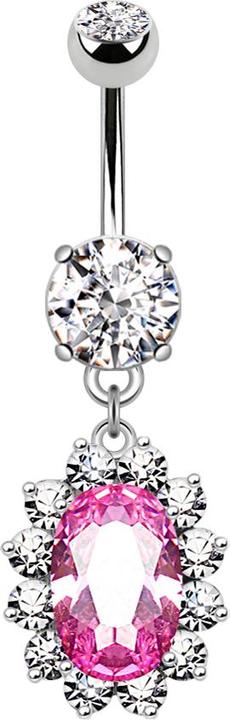 Star Piercing Banane silber mit zwei Kugeln Kristall silber Anhänger grosser Ovaler pinker Kristall (Messing, Chirurgenstahl 316L)
