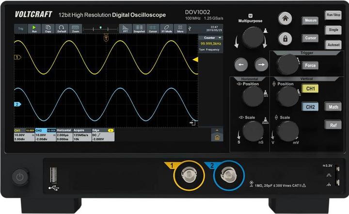 Image du produit Voltcraft DOV1002 Digital-Oszilloskop 100 MHz 2-Kanal 1.25 GSa/s 50 Mpts 12 Bit (CAT II)
