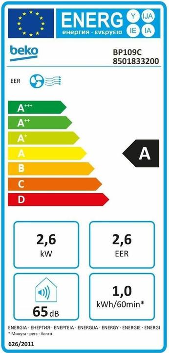 Energy Label Beko BP109C (45 m², 8871 BTU/h)