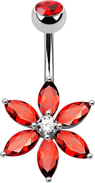 Star Piercing Banane silber mit Kristallblume rot (Messing, Chirurgenstahl 316L)