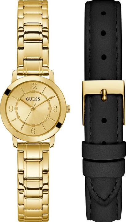 Produktbild Guess P GLD CS W/ CRYS / SUN CHAMP DL / P GLD BRCT / BLK SMTH LTR STRP Armbanduhr (28 mm)