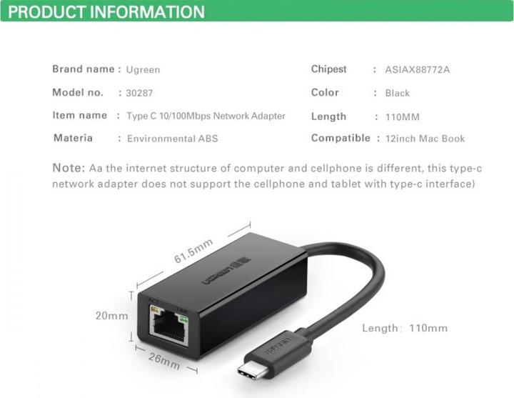 Actual product image Ugreen USB-C auf Ethernet Adapter für Smartphones & Tablets (USB-C, RJ45, RJ45 (1x))
