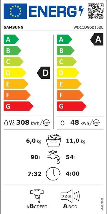 Energie-Label Samsung WD11DG5B15BEET Crystal WiFi Waschtrockner 116Kg Ecobubble