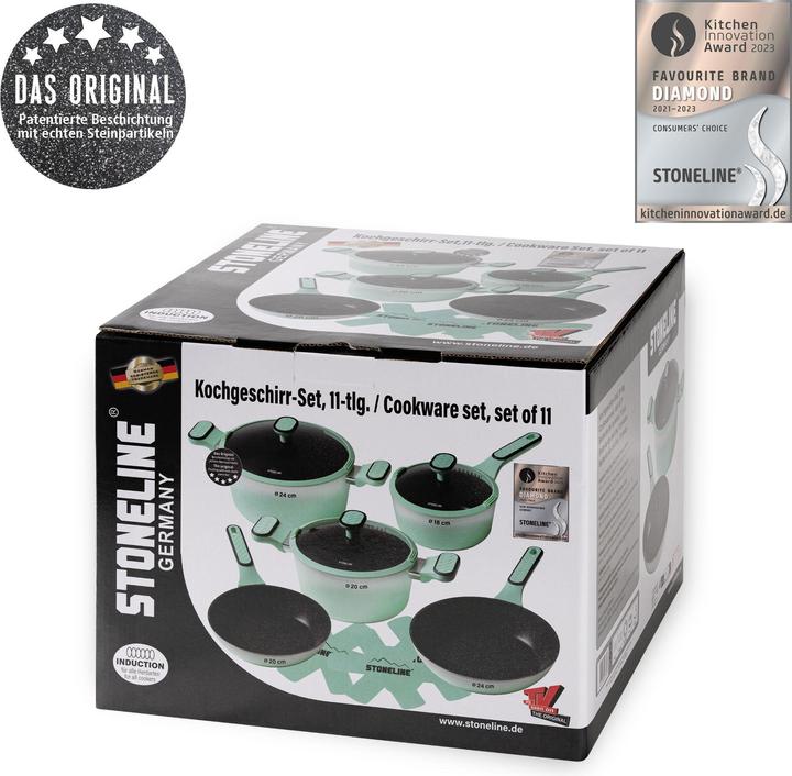 Actual product image Stoneline Mint cookware set 11-piece with lids, coated pots & pans (Pan set + pot set, Ceramic)