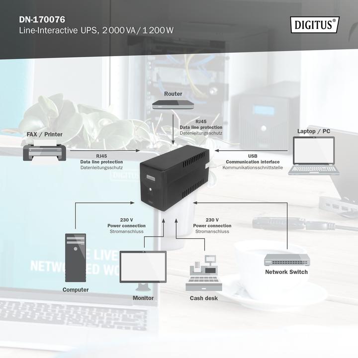 Produktbild Digitus Line Interactive USV 2000VA/1200W schwarz mit LCD 4xSchuko RJ11/RJ45 1xRS232 1xUSB AVR H205xB397x... (2000 VA, 1200 W, Line-Interaktiv USV)