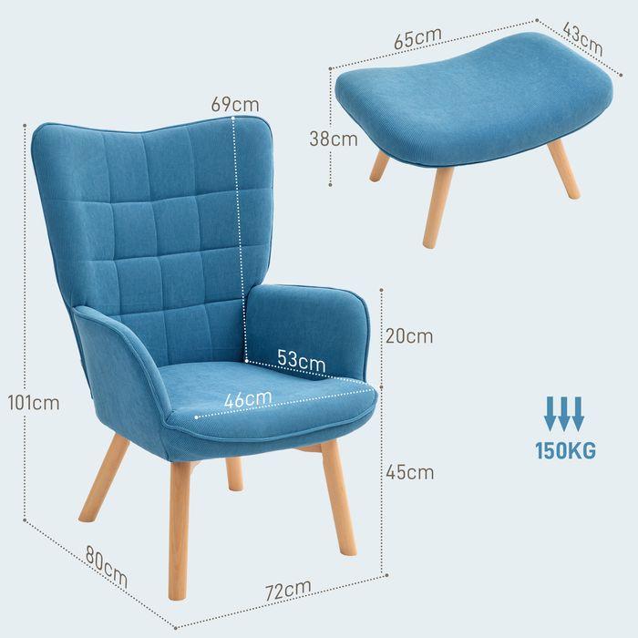 Actual product image Swisshandel24 Sessel mit Hocker, Ohrensessel mit Hoher Rückenlehne, Holzbeine, Cord, Blau