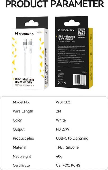 Image du produit Wozinsky Câble WSTCL2 Lightning / USB-C PD 27W 2 m - blanc (2 m, USB 3.2 Gen 2)
