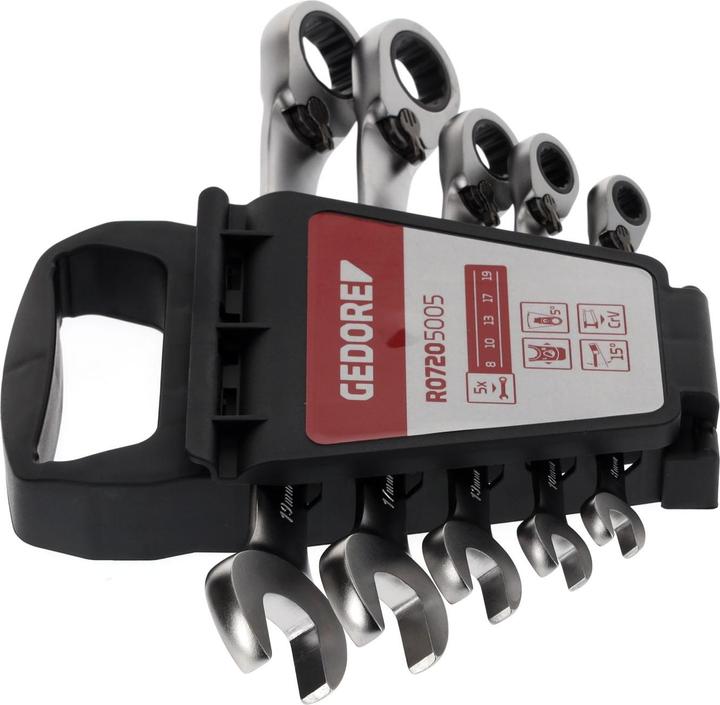 Actual product image Gedore Red Combination ratchet open-end wrench set reversible. metric 5 pieces (19 mm, 8 mm, 15 mm, 10 mm, 14 mm, 12 mm, 18 mm, 13 mm, 9 mm, 16 mm, 11 mm, 17 mm)