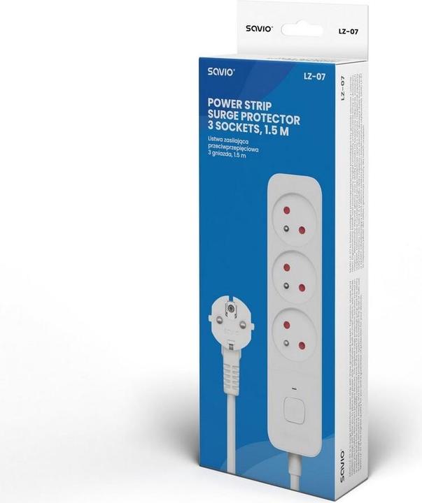 Produktbild Savio Überspannungsschutz 3-polige Steckdosenleiste 1 5m weiss LZ-07 (3 x, CEE 7/5, 1.50 m)