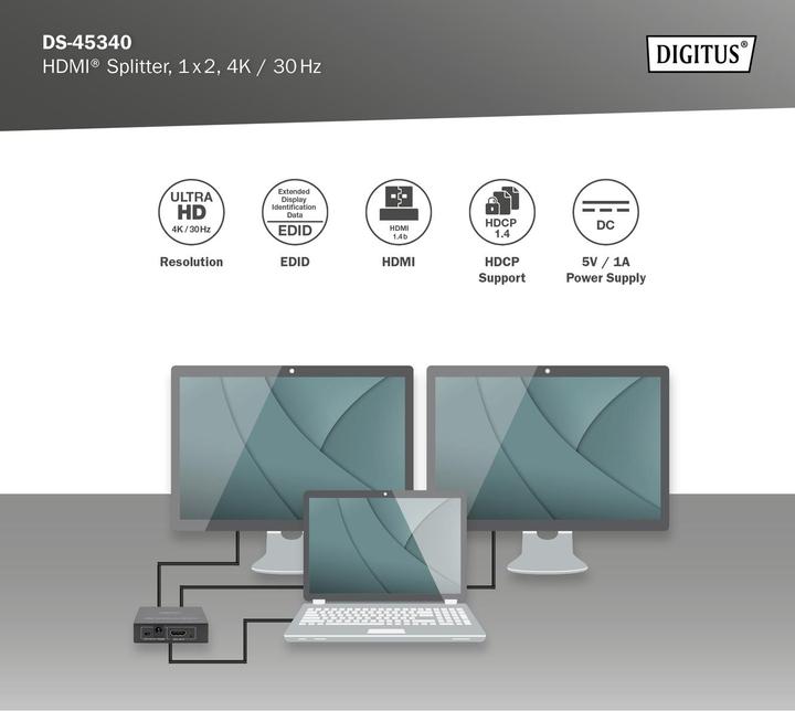 Actual product image Digitus HDMI® Splitter, 1x2, 4K / 30 Hz