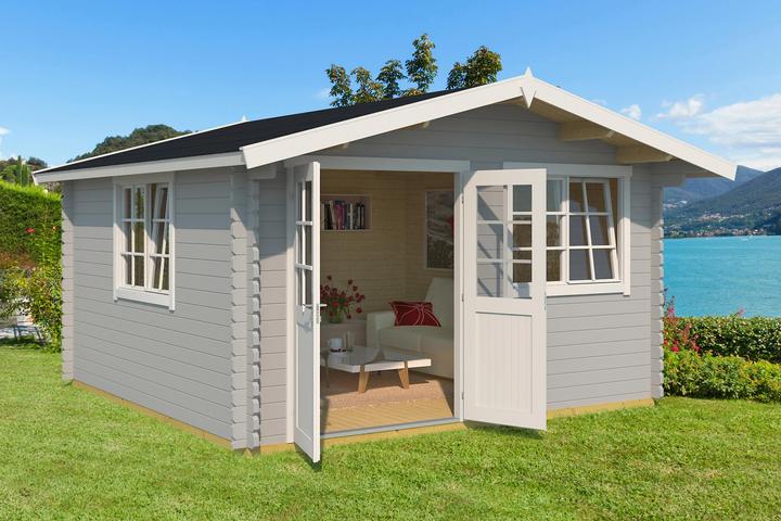 Actual product image Weka Holzbau Garden shed 401 size 2, light grey/white, 40 mm, V70, DT, 2 DF, isoglass