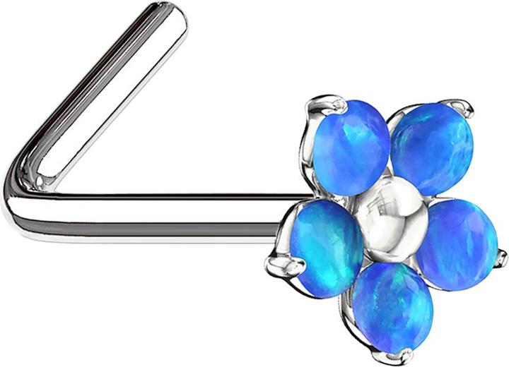 Star Piercing Nasenstecker gewinkelt silber Opal Blume blau (Chirurgenstahl 316L, Messing)