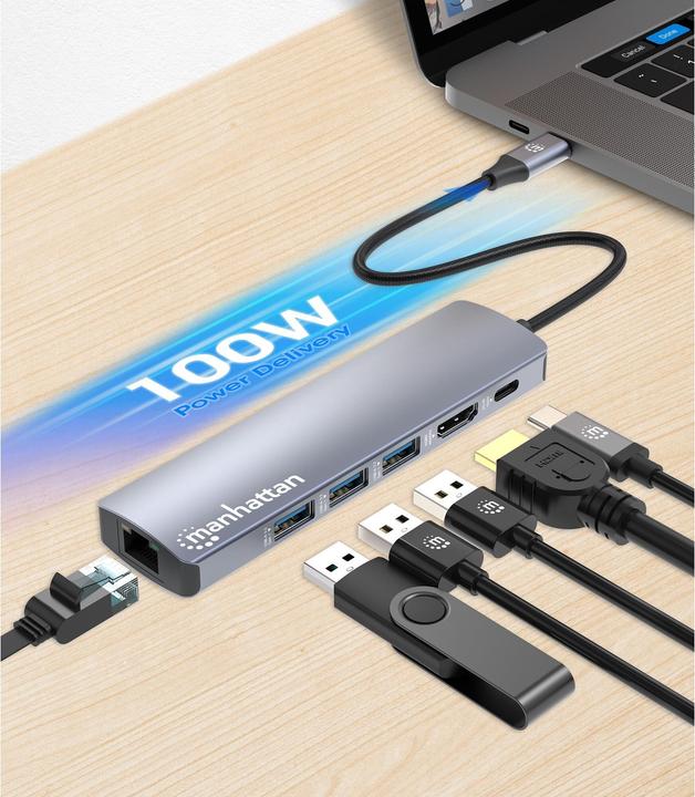 Produktbild Manhattan 6-in-1 4K USB-C Dockingstation 1xHDMI 3xUSB 5 Gb/s (USB-C, 6 Ports)