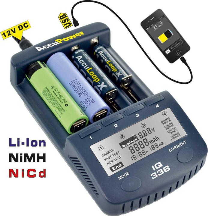 Produktbild AccuPower Rundzellen-Ladegerät NiCd, NiM (14500, 18650, AA, CR123A, Ladegerät inkl. Akku)