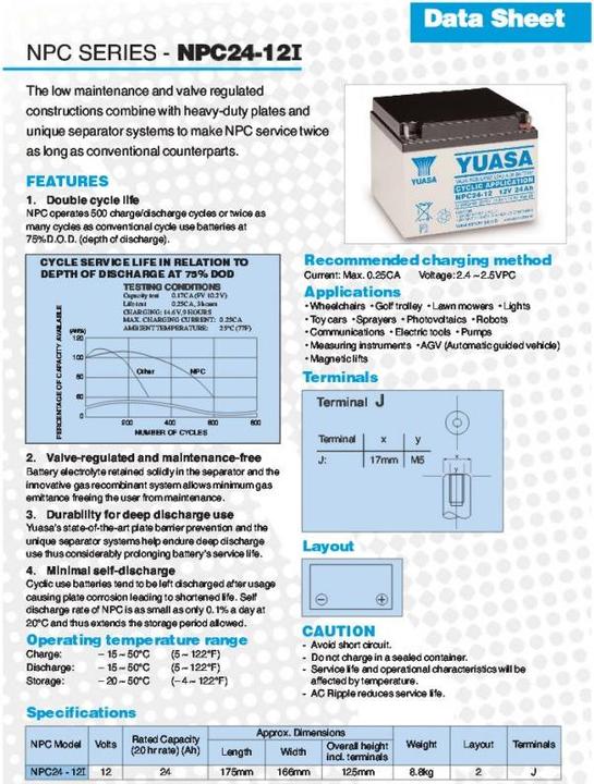 Image du produit Yuasa NPC24-12I Batterie au plomb rechargeable 12 Volt, 24Ah (12 V, 24 Ah)