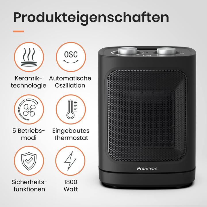 Image du produit Breeze Mini radiateur soufflant céramique 1800W noir (1800 W)