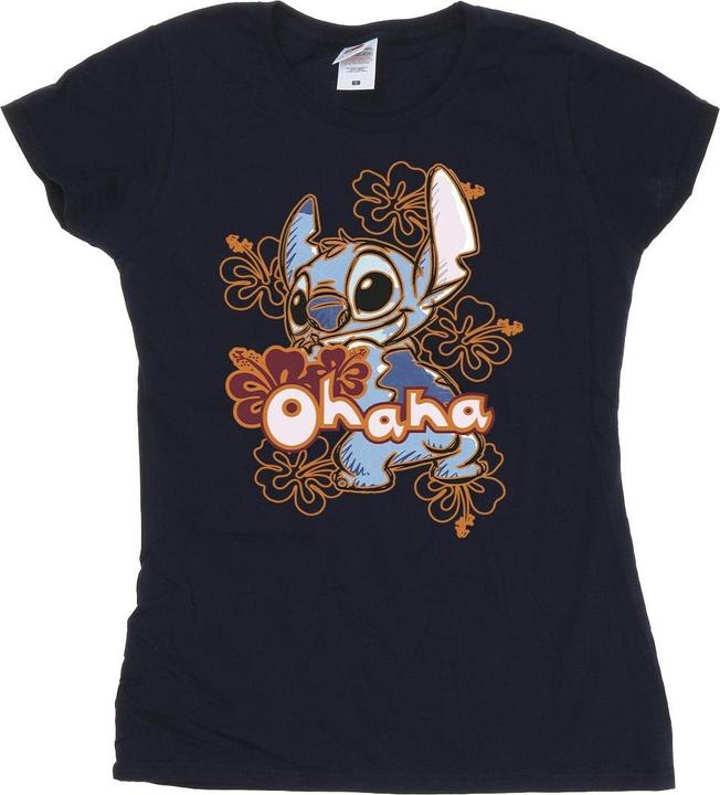Actual product image Disney Womens/Ladies Lilo And Stitch Ohana Orange Hibiscus Cotton T-Shirt (XL)
