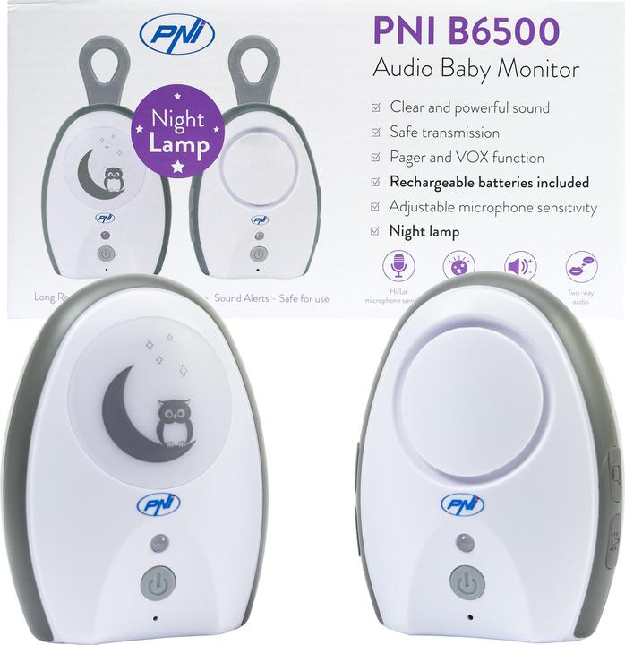 Immagine prodotto PNI Baby monitor audio B6500 wireless, interfono, con lampada notturna, funzione vox e (Audio del baby monitor, 100 m)