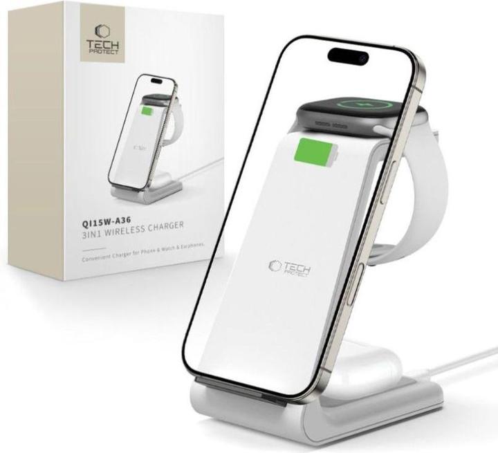 Actual product image Tech-Protect Dock station QI15W-A36 3IN1 WIRELESS CHARGER FOR APPLE White