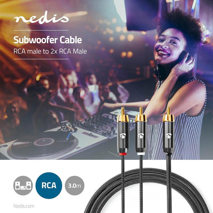 Produktbild Nedis Subwoofer Kabel | RCA | 2x RCA Stecker | Vergoldet | 3.00 m | rund | 4.5 mm | Grau / Gun Metal (3 m)