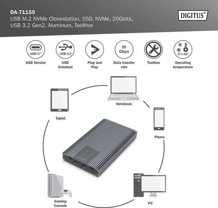 Produktbild Digitus USB M.2 NVMe Clonestation, SSD, NVMe, 20Gbits, USB 3.2 Gen2, Aluminium, toolfree (M.2 2280, M.2 2260, M.2 2242, M.2 2230)
