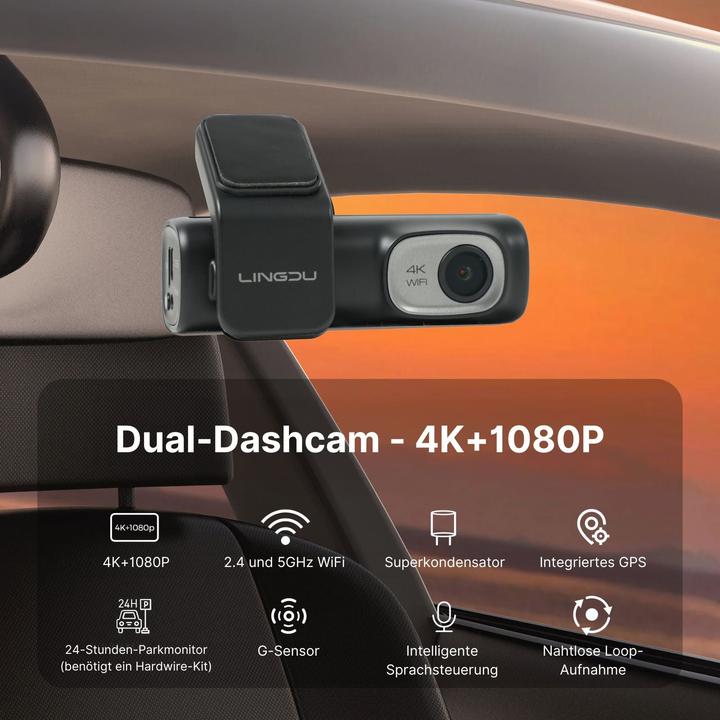 Immagine prodotto Hermex 4K WiFi dual dashcam telecamera frontale auto telecamera di bordo sorveglianza auto (Microfono incorporato, Display integrato, Accumulatore di carica elettrica, Ricevitore GPS, WiFi, 4K)