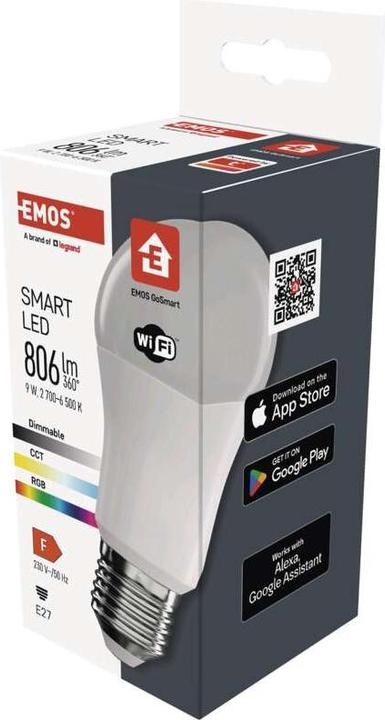 Actual product image Emos LED lamp GoSmart A60 / E27 / 9 W (60 W) / 806 lm / RGB / dimmable / Wi-Fi (E27, 9 W, 806 lm, 1 x, F)