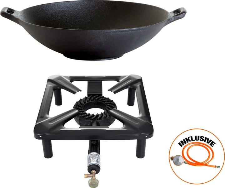Productafbeelding All'Grill Kruk kookset (groot) met gietijzeren wok Ø 37 cm incl. gasslang & regelaar (37 cm, Gietijzer)