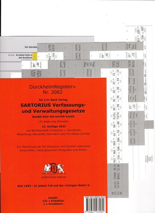 Immagine prodotto DürckheimRegister SARTORIUS 3082 - Verwaltungs- und Verfassungsgesetze 2022 (Tedesco, Constantin von Dürckheim, 2021)