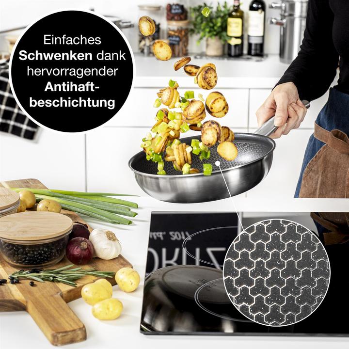 Produktbild Moritz & Moritz Edelstahlpfanne Wabenstruktur 24cm mit Keramikbeschichtung der neuesten Generation (Pfannenset + Topfset, Edelstahl)