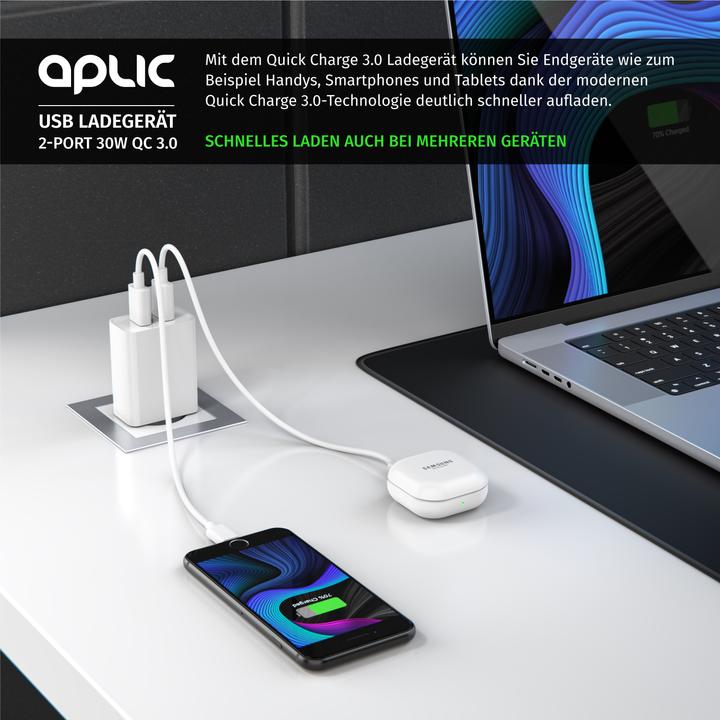 Produktbild Aplic USB Ladegerät 3000 mA, 2 Port, 30W, Quick Charge 3.0 (QC 3.0) Schnelladefunktion, weiss (30 W)