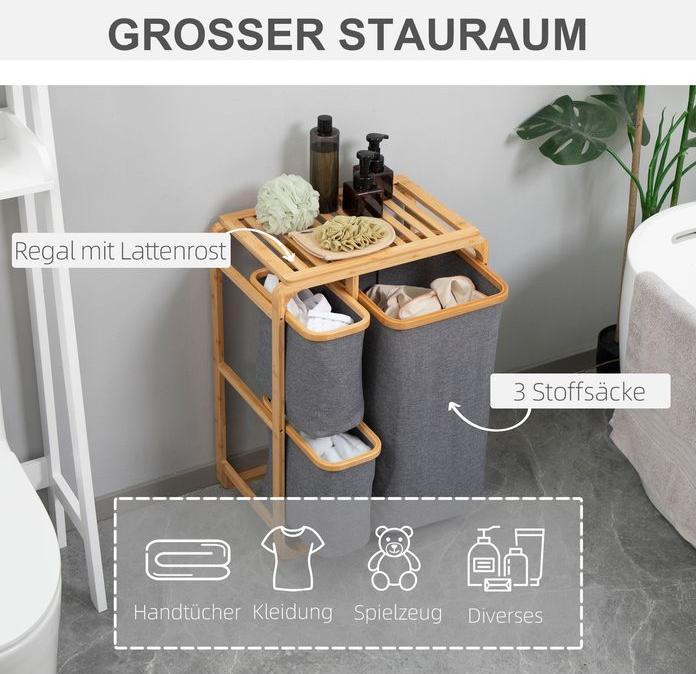 Produktbild Swisshandel24 Wäschekorb Wäschebox mit Plattform Wäschesammler mit 3 abnehmbaren Wäschesacke Wäschesortierer Bambu
