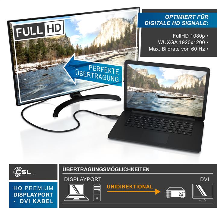 Produktbild CSL DisplayPort Video-Kabel, 20 Pins, DVI-D, Monitorkabel, HDCP und EDID Zertifiziert, FHD Ausflösung (2 m, DisplayPort, DVI)